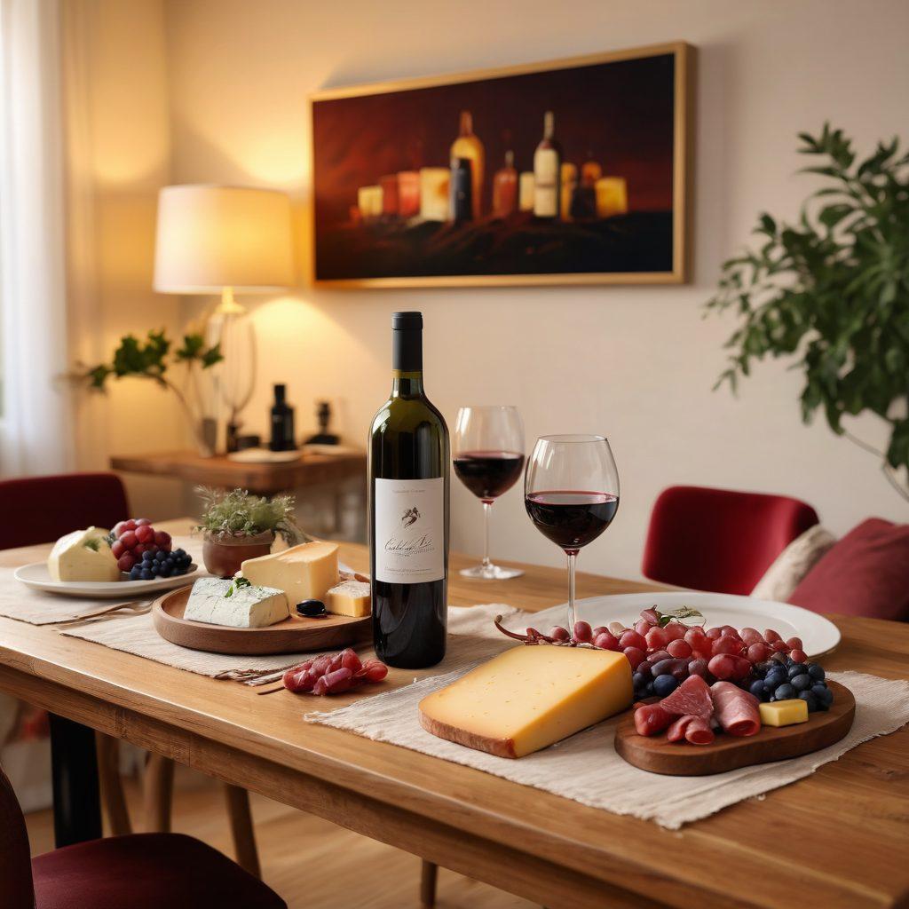 A cozy apartment setting featuring a beautifully set dining table with an elegant wine bottle and glass, paired with artfully arranged gourmet cheese and charcuterie. Soft ambient lighting enhances the warm, inviting atmosphere, while plants and artwork decorate the background, creating an enjoyable living space. The scene should exude sophistication and relaxation, inviting the viewer to imagine themselves savoring wine in that environment. super-realistic. vibrant colors. warm lighting.
