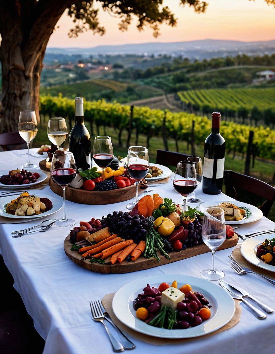 A beautifully arranged dining table showcasing an elegant meal paired with an exquisite bottle of red wine. Surrounding the table are vibrant, colorful dishes like roasted vegetables, gourmet cheese platters, and delicious desserts, all under soft candlelight creating a warm atmosphere. In the background, a subtle vineyard scene hints at the origin of the wine, enhancing the sense of celebration. super-realistic. vibrant colors. romantic ambiance.