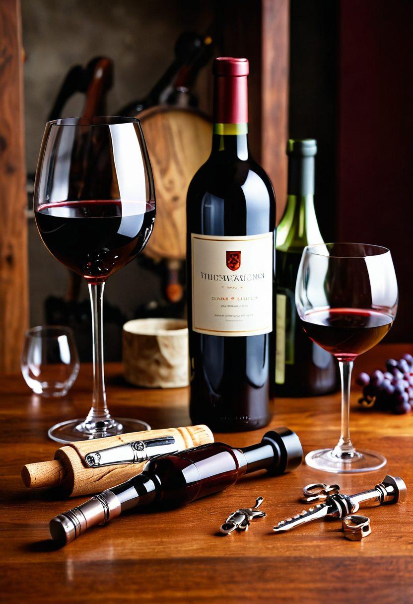 A beautifully arranged collection of essential wine tools including an elegant corkscrew, a sophisticated wine aerator, and stylish glasses, all set on a polished wooden table. Include a bottle of red wine partially uncorked, with soft, ambient lighting highlighting the texture and labels. Subtle hints of grapevines in the background to emphasize a vineyard vibe. Artistic flair with rich colors to evoke a sense of luxury and indulgence. super-realistic. warm tones. soft focus.